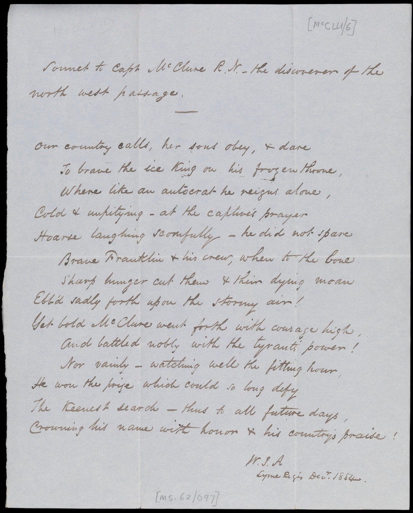 Detail of Sonnet addressed to Captain McClure by Robert John Le Mesurier Mcclure