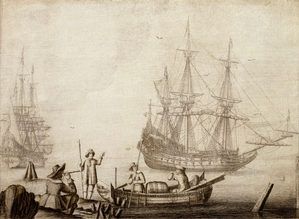 Detail of Men in a boat near two Dutch ships by Experiens Sillemans