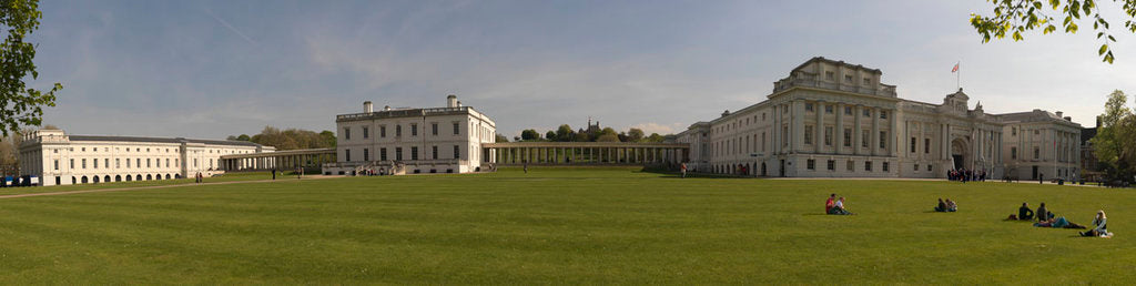 Detail of Panoramic view of National Maritime Museum, Queen's House and the Royal Observatory (ROG), with visitors on lawns by National Maritime Museum