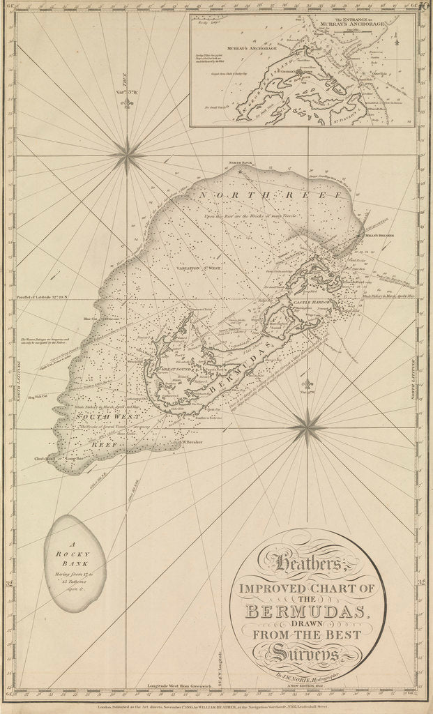 Detail of Heather's improved chart of the Bermudas' with an inset of 'the entrance to Murray's anchorage by Norie