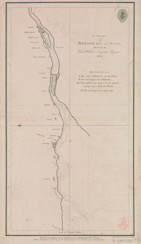 Detail of A chart of Broach Bar and river surveyed by Lieut WIlliam Augustus Skynner 1773 by British Admiralty