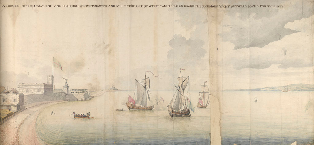 Detail of A prospect of the magazine and platform of Portsmouth and part of the Isle of Wight taken from on board the Richmond yacht outward bound for Guernsey by Thomas Phillips