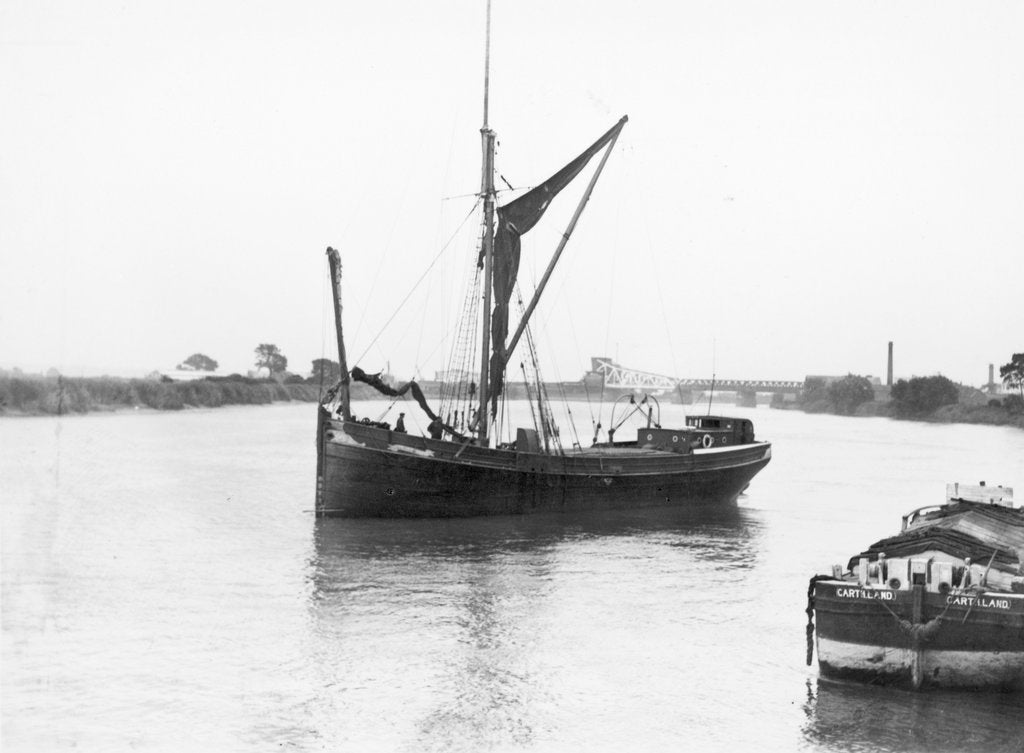 Detail of The 'Olive May' (1920), a port bow view of the barge stopped with sails furled by Anonymous
