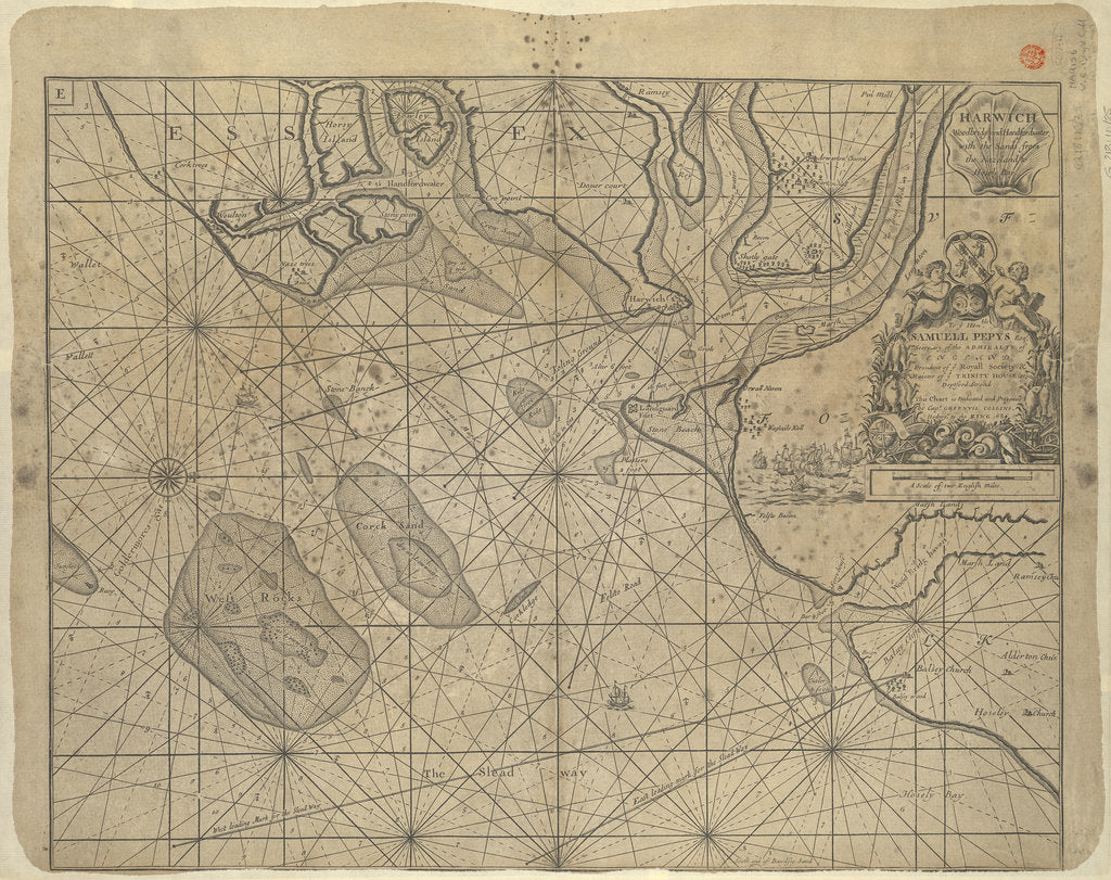 Detail of Chart of the North Sea dedicated to 'Ye Honble Samuel Pepys Esq by Captain Greenvil Collins Hydrog to the King 1686' by Captain Greenville Collins