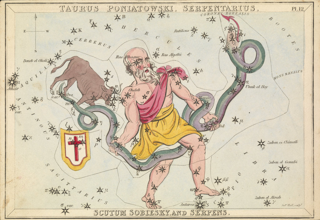 Detail of Taurus Poniatowski, Serpentarius, Scutum Sobiesky and Serpens by Sidney Hall