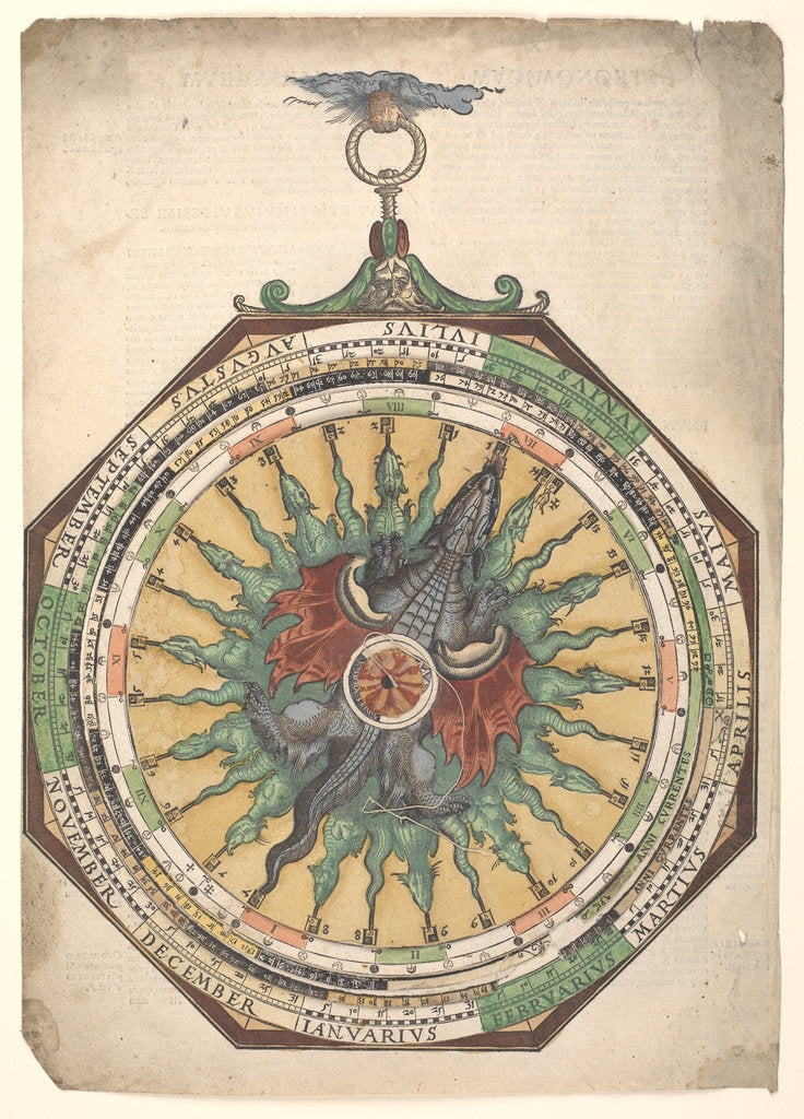 Detail of Volvelle giving the rules for predicting solar and lunar eclipses. One of the volvelles features a dragon with multiple heads and a partial solar eclipse by Peter Apian