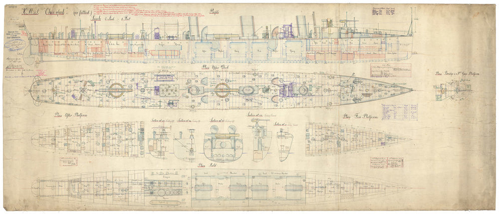 Inboard profile, decks and sections for HMS Cheerful (1897)
