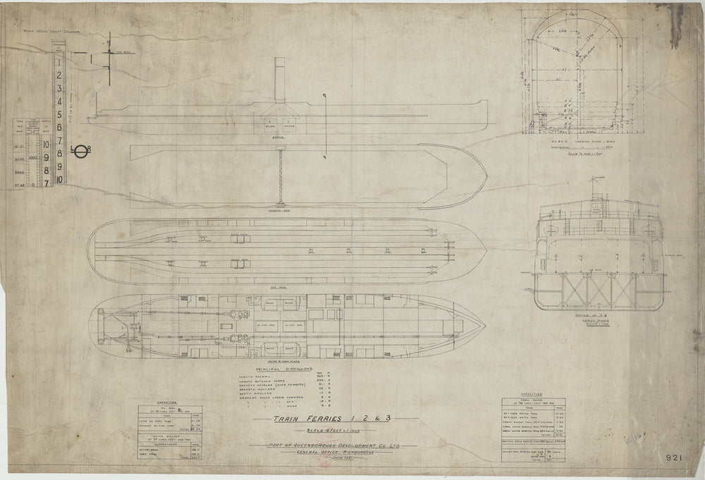 Outline profile, decks & sections for Train Ferry No. 1, 2, 3