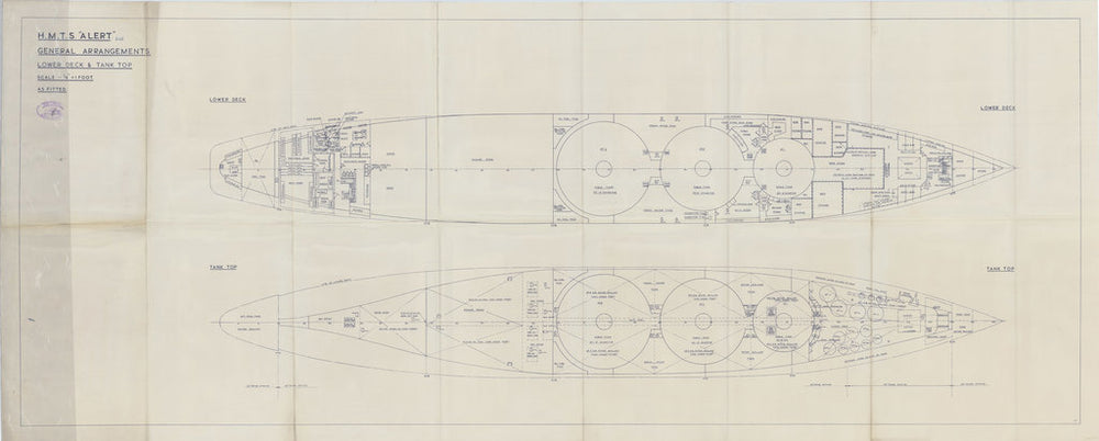 General arrangement plan for lower deck & tank tops of HM Telegraph Ship (Cableship) Alert (1961), as fitted 1961