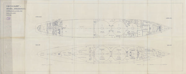 General arrangement plan for lower deck & tank tops of HM Telegraph Ship (Cableship) Alert (1961), as fitted 1961