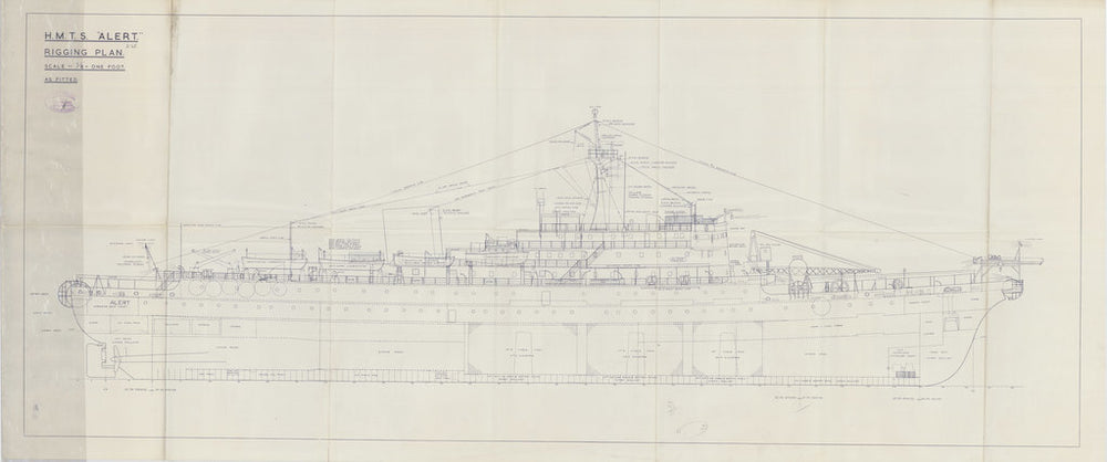 Rigging plan for HM Telegraph Ship (Cableship) Alert (1961), as fitted 1961