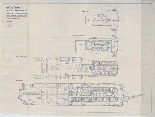 General arrangement plan for house top, bridges, & bridge deck of HM Telegraph Ship (Cableship) Alert (1961), as fitted 1961