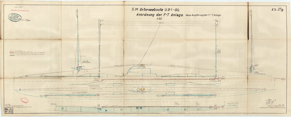 Arrangement of radio masts (deployed & stowed) for SM Unterseeboote U.81-86 (1916)