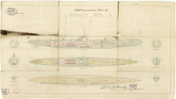 Inboard profile, decks & sections as fitted for SM Unterseeboote U.81-86 (1916)