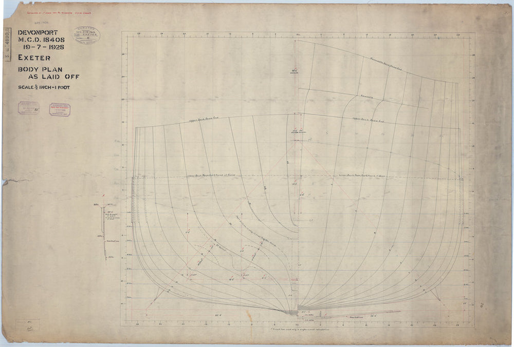 Body plan for HMS 'Exeter' (1928), as laid