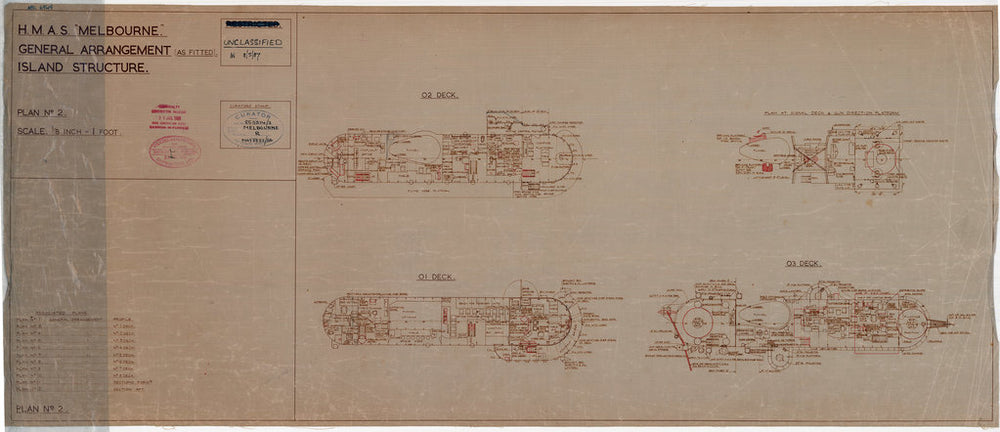 Island decks plan of HMAS Melbourne (completed 1955), as fitted 1956
