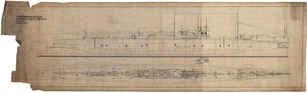 Outboard Profile & Plan view for H.M. Submarine 'K14' and 'K22' (1918-1921)