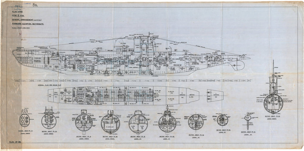 Inboard profile (starboard) and sections plan for HMS 'Unsparing' (1942)