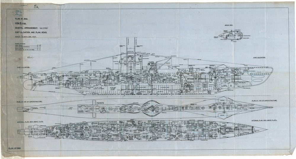 Inboard profile (port) & decks plan for HMS 'Unsparing' (1942)