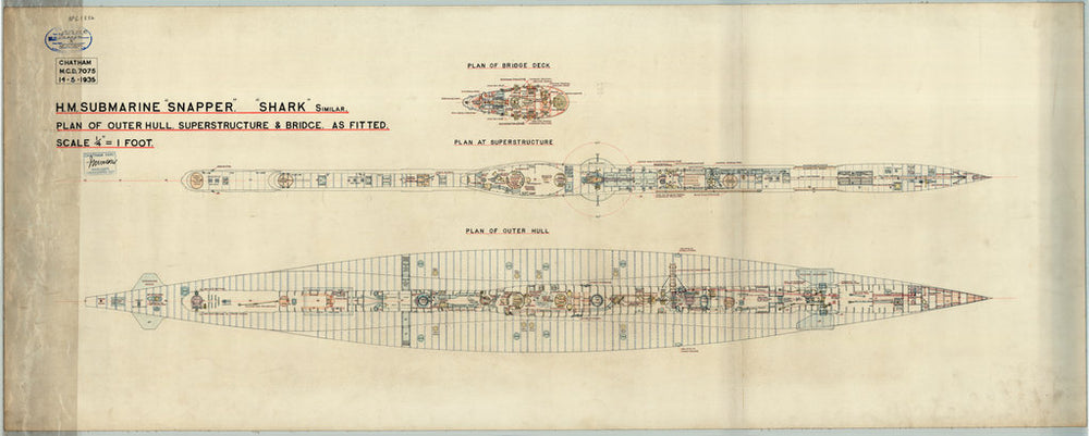 Plan of outer hull, superstructure and bridge as fitted for HMS 'Snapper' (1934)