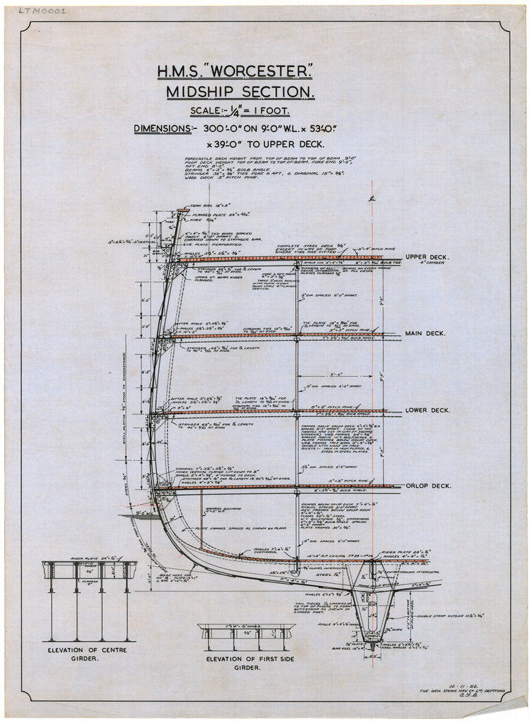 Plan showing the midship section illustrating the plating and girder details for HMS 'Worcester' (1904), a training ship loaned to the Thames Nautical Training College by the Admiralty and based at Greenhithe between 1946 and 1978.