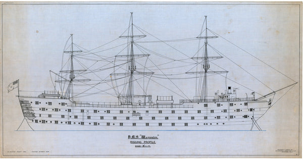 Plan showing the rigging profile with outboard detail for HMS 'Worcester' (1904), a training ship loaned to the Thames Nautical Training College by the Admiralty and based at Greenhithe between 1946 and 1978.