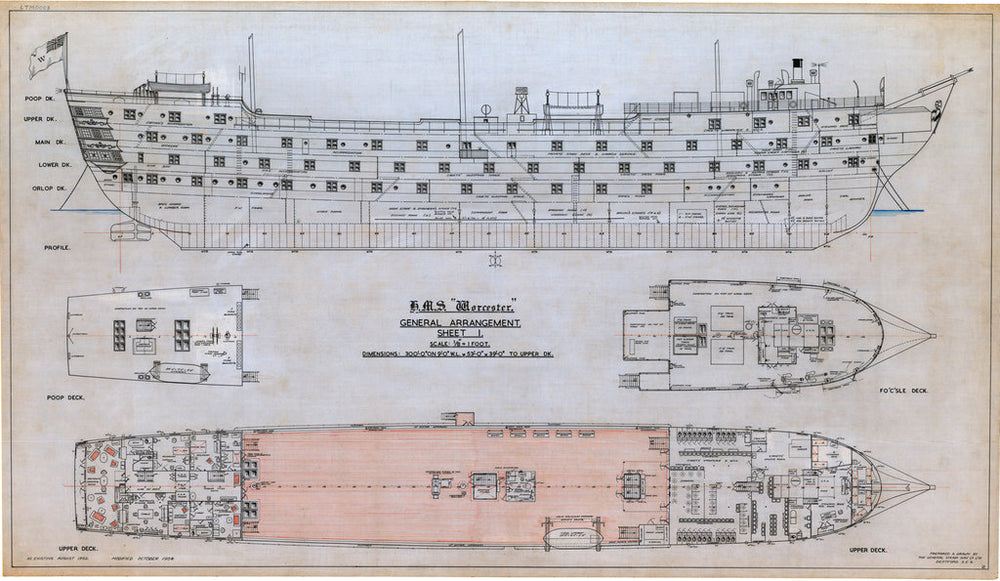 Plan showing the inboard profile with outboard detail, poop deck, forecastle deck, and upper deck, illustrating the layout of rooms and cabins for HMS 'Worcester' (1904), a training ship loaned to the Thames Nautical Training College by the Admiralty and based at Greenhithe between 1946 and 1978.