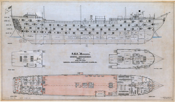 Plan showing the inboard profile with outboard detail, poop deck, forecastle deck, and upper deck, illustrating the layout of rooms and cabins for HMS 'Worcester' (1904)