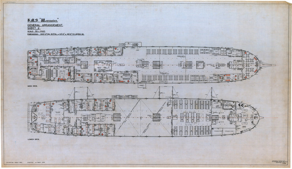 Plan showing the main deck and lower deck, illustrating the layout of rooms and cabins for HMS 'Worcester' (1904), a training ship loaned to the Thames Nautical Training College by the Admiralty and based at Greenhithe between 1946 and 1978.