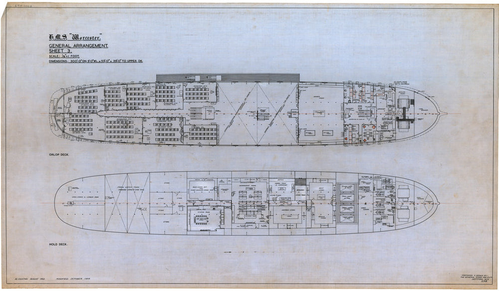 Plan showing the orlop deck and hold deck, illustrating the layout of rooms for HMS 'Worcester' (1904), a training ship loaned to the Thames Nautical Training College by the Admiralty and based at Greenhithe between 1946 and 1978