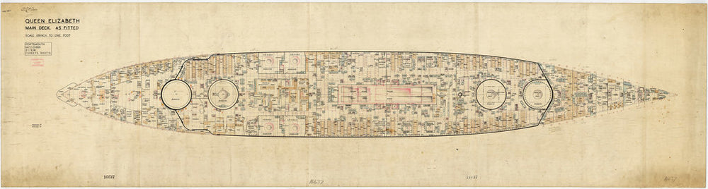 Main deck plan for HMS 'Queen Elizabeth' (1913), as fitted