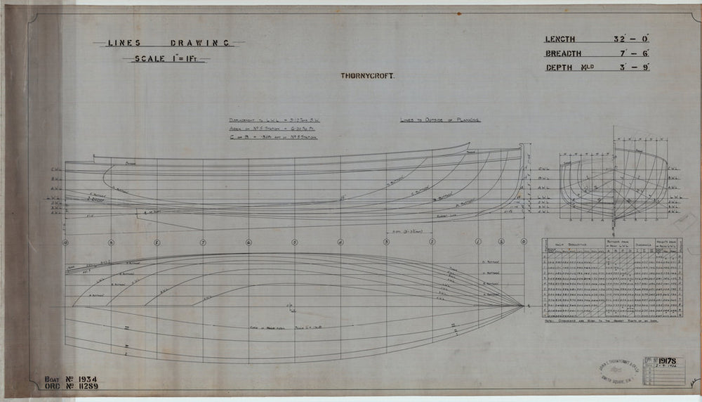 19178 Lines; profile, 1/2 breadth & body, for ‘Nereid’ (1924). Thonycroft.
