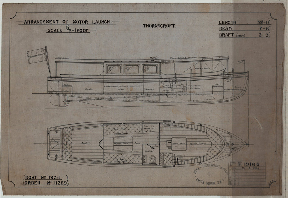 19166 Inboard profile & plan view as fitted, for ‘Nereid’ (1924). Thonycroft.