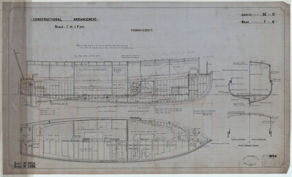 19194 Constructional arrangement; profile, plan & sections for ‘Nereid’ (1924). Thonycroft.