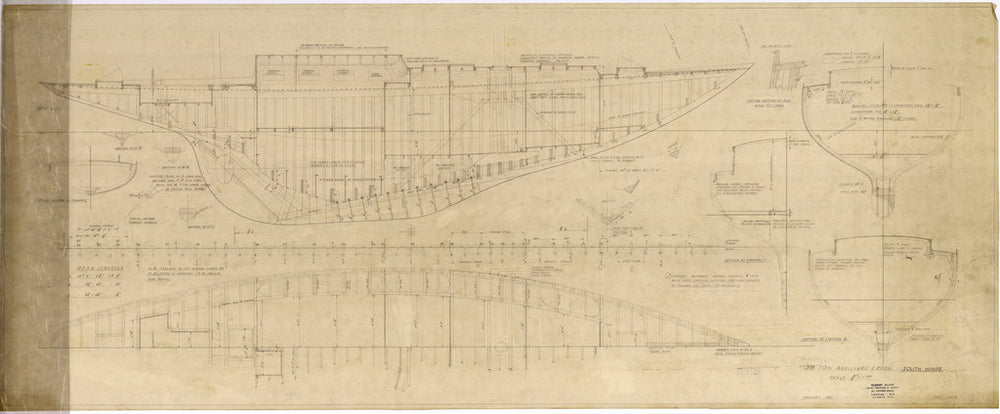 Construction: profile, 1/2 deck & sections plan for 'South Winds' (1950)