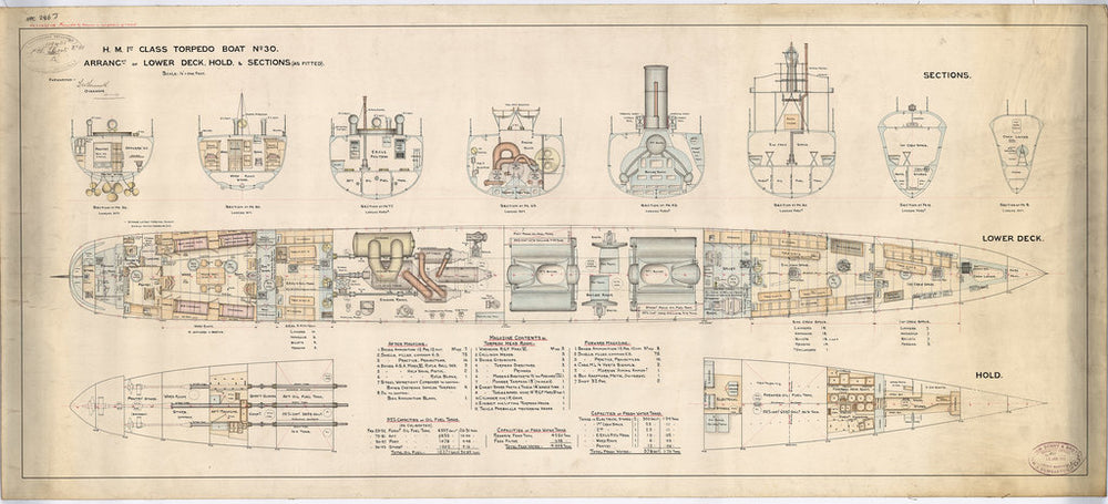 Lower deck, hold & sections plan for Torpedoboat No. 30