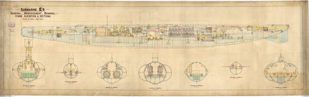 Starboard elevation & Sections of E class submarine 'E9' group