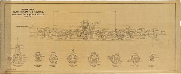 Plan 348 stb profile & sections for Portuguese Delfim class, 'Delfim', 'Espadarte' and 'Golfinho'