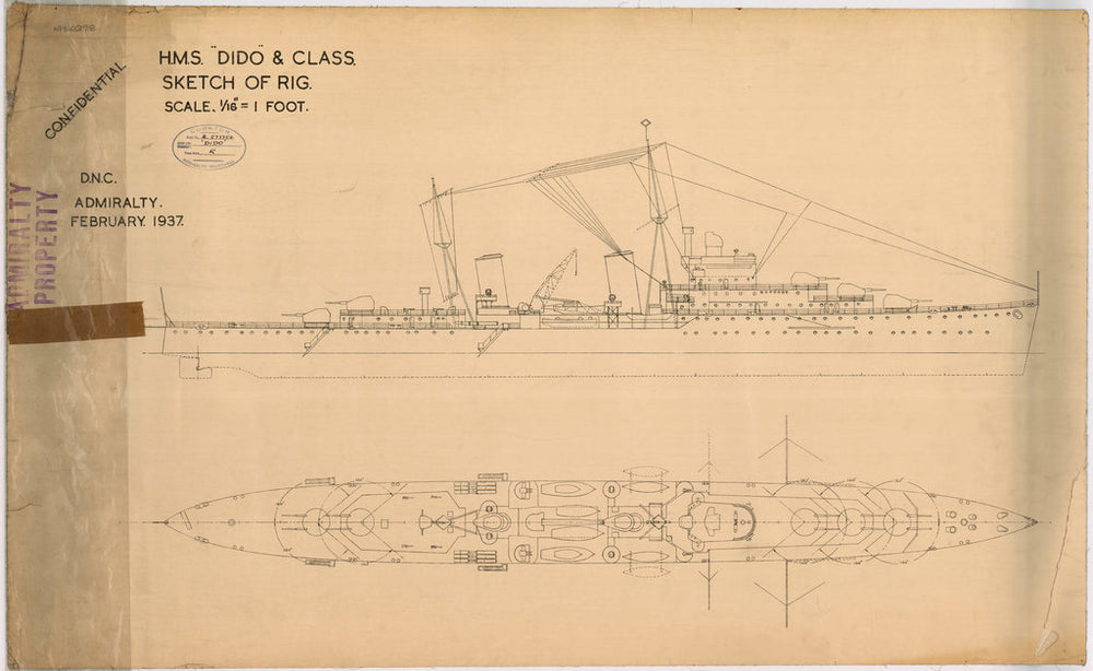 Sketch of Rigging plan for HMS 'Dido' (1939)