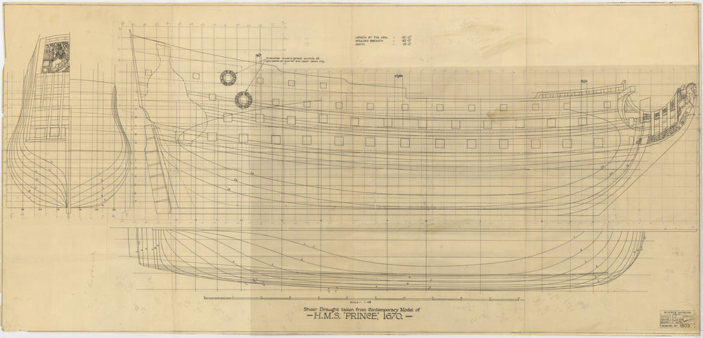 Sheer Draught Plan for HMS ‘Prince’ (1670), taken from Science Museum model in 1938
