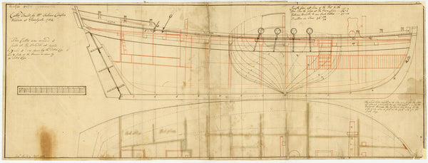 A plan showing the inboard profile with superimposed body plan and longitudinal half-breadth of a 54ft Cutter