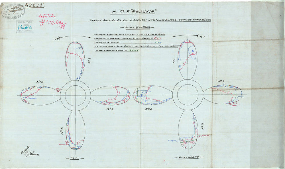 Sketch showing extent of corrosion in propeller blades for HMS 'Aboukir'