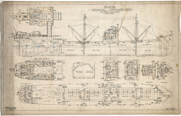 General Arrangements: profile, upper deck, forecastle & bridges for 'P.L.M 16' (1921)