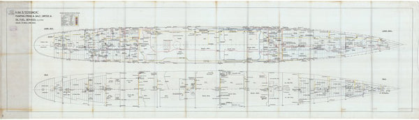 Lower deck and hold. Pumping, Fresh and salt water and oil fuel services as fitted for HMS 'Cossack' (1937)