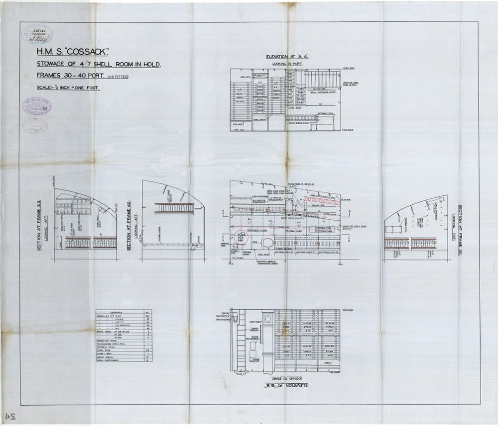 Stowage of 4.7in shell room in hold, frames 30-40 port as fitted for HMS 'Cossack' (1937)