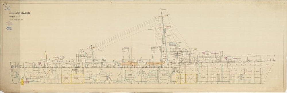 Inboard profile plan as fitted for HMCS 'Athabaskan' (1941) to illustrate war mods.