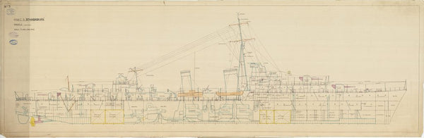 Inboard profile plan as fitted for HMCS 'Athabaskan' (1941) to illustrate war mods.