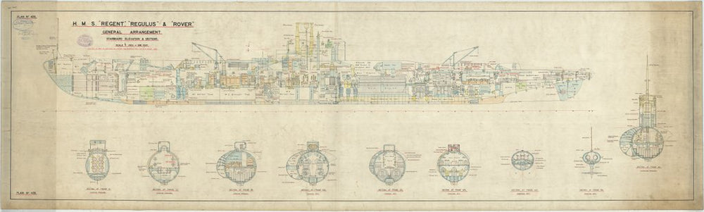 General Arrangement, Starboard elevation & sections plan for HMS ‘Regent’