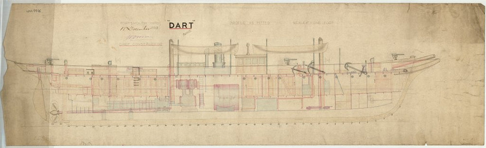 Inboard profile as survey ship plan for HMS 'Dart' (1882)