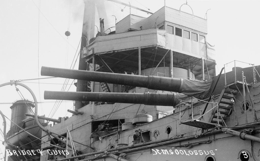 Detail of Battleship HMS 'Colossus' (1910), close-up of bridge by unknown